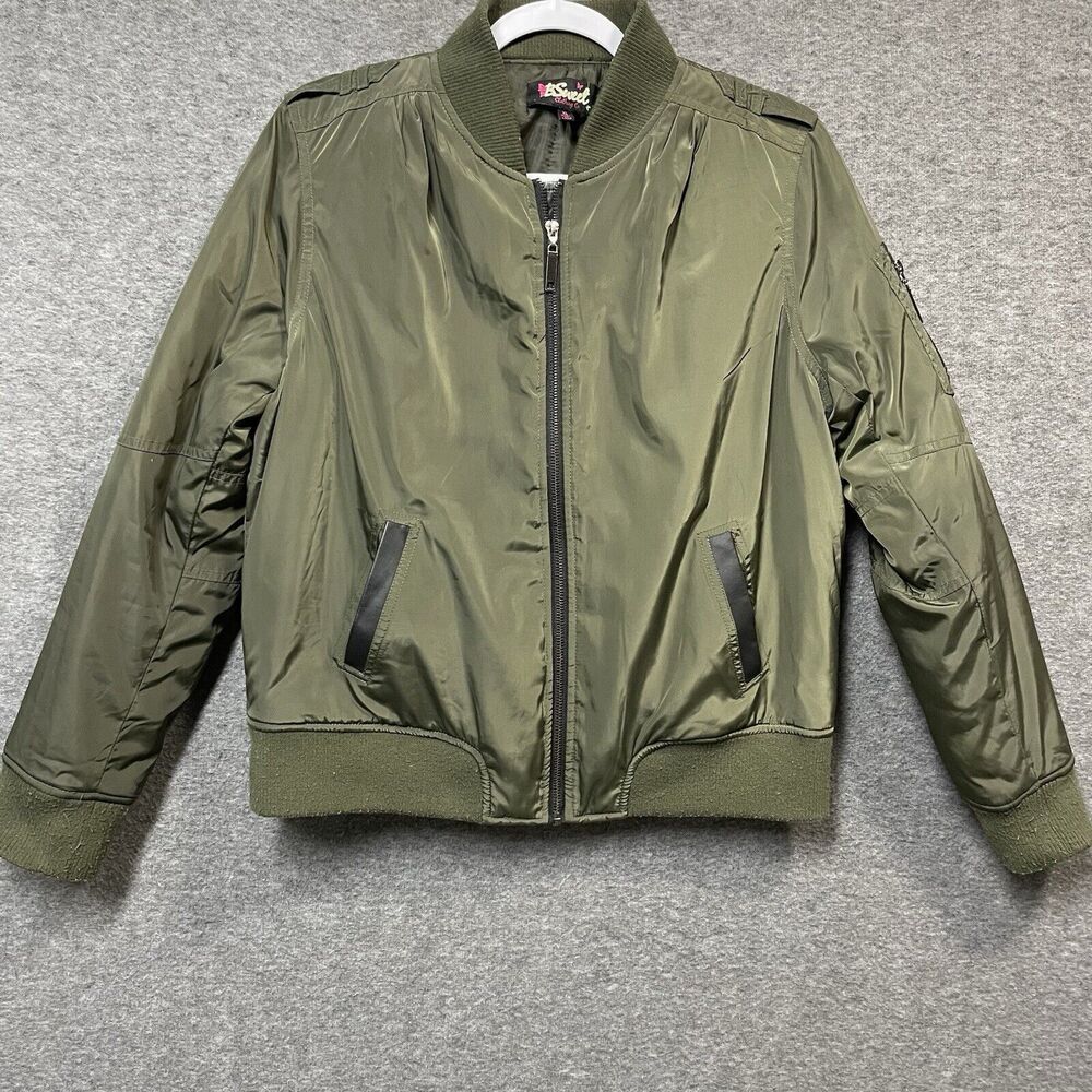 B. Sweet Olive Green Bomber Style Jacket Junior's Size XL Black Trim Pockets